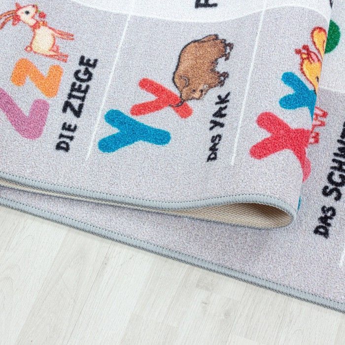 Tapis pour enfant - AYYILDIZ - Alphabet - Lettres - Chiffres - Motifs animaux - Gris - 100% Polyamide - Dos en latex