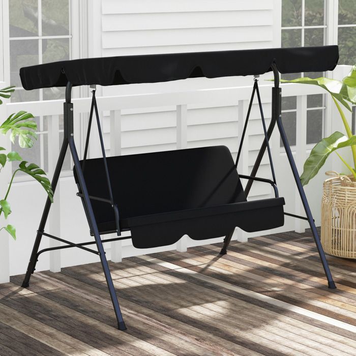 Columpio de jardín Outsunny de 3 plazas con toldo inclinable ajustable, cojines para asiento y respaldo, 1,72 m de largo x 1,1 m de ancho x 1,53 m de alto, acero negro.