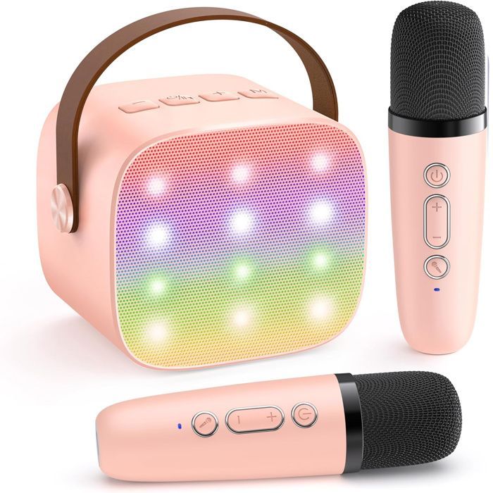 Set de micrófonos de karaoke para niños y adultos con 2 micrófonos inalámbricos, altavoz de karaoke Bluetooth portátil, luz LED de karaoke, regalo de Navidad para niños, juguete para niñas
