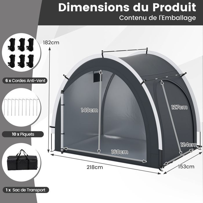 Tente de Rangement Vélos pour 4-5 Vélos 218x153x182cm COSTWAY-Tissu Étanche-Porte Zippée et Entrée Latérale-Poteaux Fibre de Verre