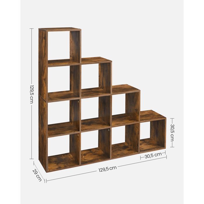 VASAGLE - Libreria per scale - Unità di contenimento a 10 scomparti - Marrone rustico LBC10BX