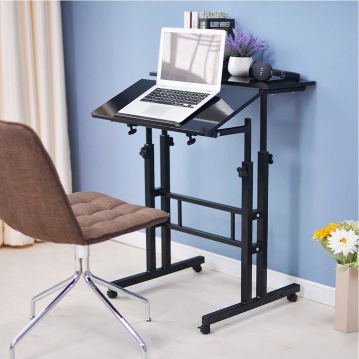 Escritorio compacto y ergonómico para ordenador, altura regulable (70-110 cm), tablero abatible con ruedas, ideal para dormitorio o salón, color negro.