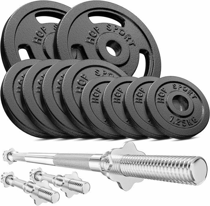 Hop-Sport Cast Iron Dumbbell Set 39 kg, Two 40 cm Short Bars, 167 cm Long Bar, Weight Plates, Complete Dumbbell Set