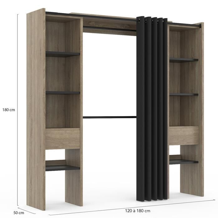 IDMARKET Dressing extensible double MERYL 120/180 x 50 x 180 cm hêtre avec étagères hêtre + double penderie + rideau noir