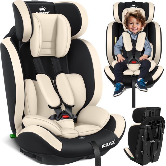 Seggiolino auto KIDIZ® per bambini e neonati da 9 a 36 kg, gruppo 1+2+3, cintura di sicurezza a 5 punti, poggiatesta regolabile e convertibile, beige.