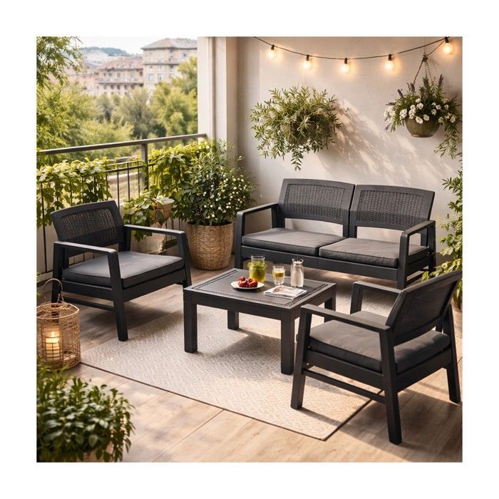 Conjunto de muebles de jardín para 4 personas, gris antracita: sofá de 2 plazas + 2 sillones + mesa de centro + 4 cojines KZ GARDEN