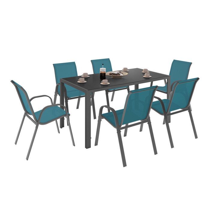 IDMARKET Salon de jardin MADRID table 150 CM et 6 chaises empilables bleu canard