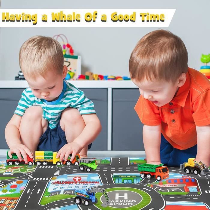 Tapete de juego infantil con pista de coches - incluye 8 coches y camiones de juguete pequeños.