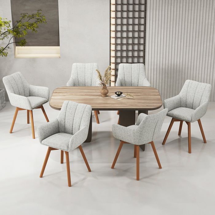 Conjunto de 6 cadeiras de jantar giratórias 360° WAFTING, com braços e pés de madeira, encosto alto e almofada de lã. Bege.