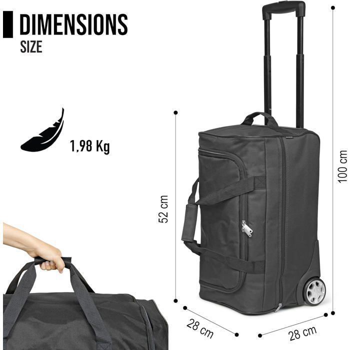 Sac de Voyage Trolley Noir - Sac à roulettes, canne télescopique, compartiment spacieux, poche zippée, idéal week-end