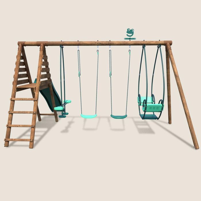 Portique en bois rond 4 agrès avec face à face et toboggan JACINTHE