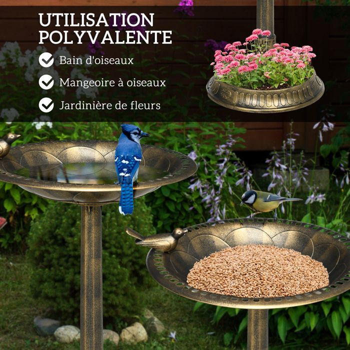Bain d'oiseaux - Outsunny - abreuvoir mangeoire jardinière 2 en 1 bassin extérieur décoration - polypropylène - Ø50x72cm - bronze