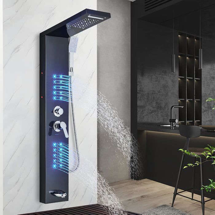 Coluna de Chuveiro com Hidromassagem em LED Preto, 4 Funções: Chuveiro de Teto com LED, 2 Jatos de Massagem