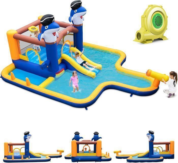 GOPLUS 7-in-1 Inflatable Castle for Children Ages 3-10, Water Play Area with Blower - Pool/Slide/Boxing Game/Water Cannon - Weight Capacity 45+45KG