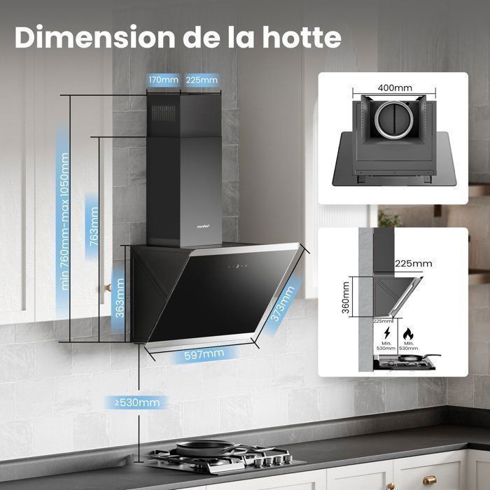 Cappa aspirante angolare Comfee da 60 cm - 480 m³/h - Classe energetica A++ - Comandi touch - 3 velocità - 2 filtri a carbone - Vetro nero
