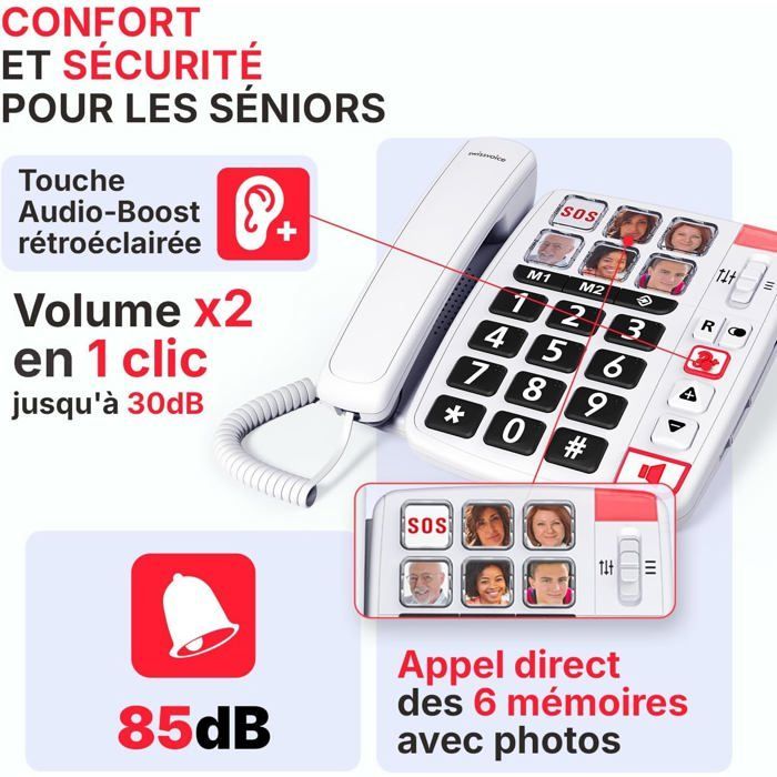 Telefone fixo para idosos - LEVYS - Botões grandes - Campainha extra alta de 85dB - Luz indicadora de chamada
