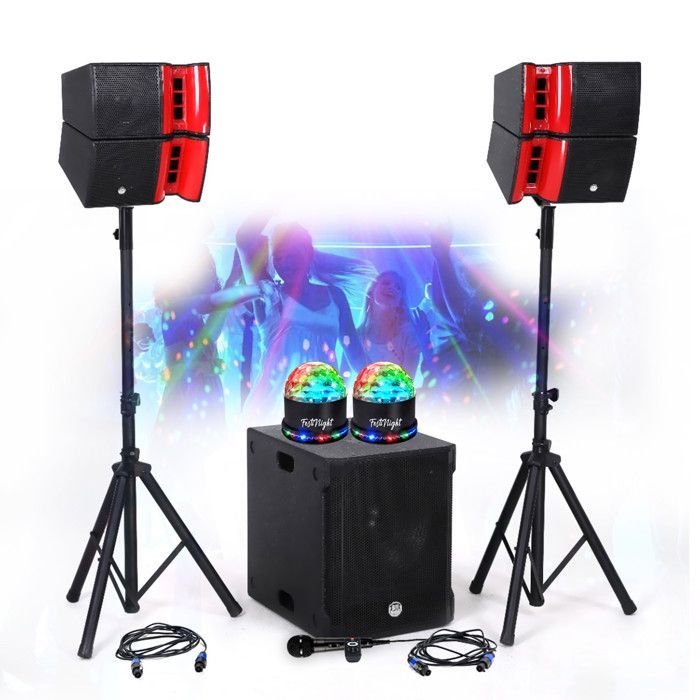 Pack Sonorisation DJ complet 1200W BM SONIC, Salle des fêtes, 2 Enceintes, SUB 38cm USB/Bluetooth, Supports Câbles, Light LED