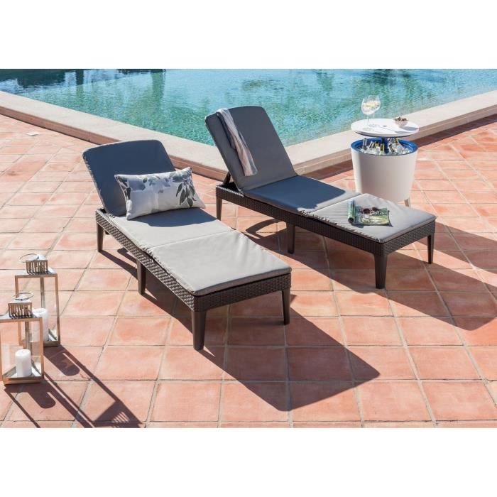 Lot 2 bains de soleil - Allibert by KETER -JAIPUR - en résine imitation rotin tressé - Coussin - Dossier réglable - Gris Graphite