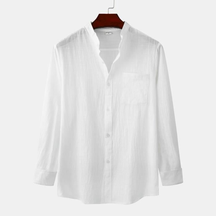 Camisa de manga larga para hombre de algodón y lino con cuello alto - INSFITY - Blanca - Corte regular - Informal