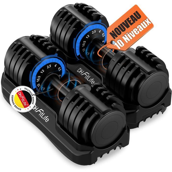 DH FitLife Haltères réglables 12kg, 2,5-12kg, 10 niveaux de poids, set avec disques, 10 en 1