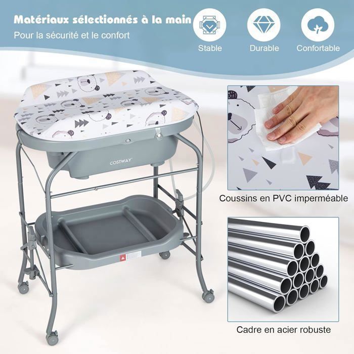 Cambiador plegable 4 en 1 para bebés COSTWAY con bañera (20 L) - 4 ruedas, manguera de 1 m, bandeja de almacenamiento, cojín de PVC impermeable - 35 kg - Gris
