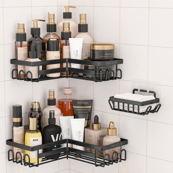 Étagère de Douche, 3PCS Étagère Accessoires Salle de Bain sans Perçage - avec Crochet - Acier inoxydable - Capacité portante 20KG