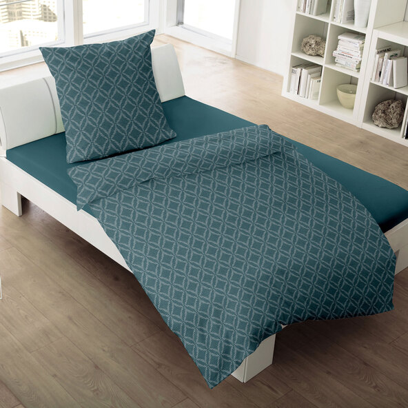 Bettwäsche Jacquard-Feinbiber 135/200 + 80/80 cm, Grafik petrol