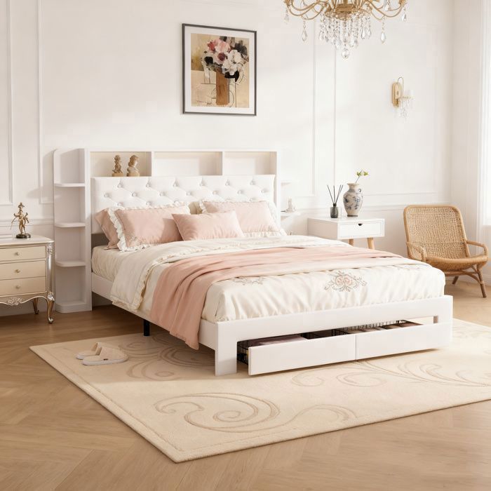 Cama de 140x190 cm - Terciopelo blanco - 2 cajones - LED y USB - Somier de láminas incluido