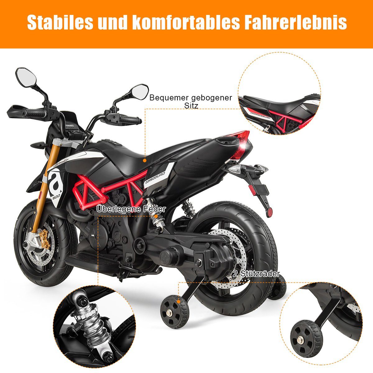 Motocicletă electrică COSTWAY pentru copii, cu roți de antrenament, LED și muzică
