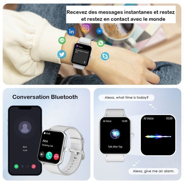 Smartwatch per uomo e donna con chiamate, funzione femminile, monitoraggio attività, cardiofrequenzimetro, oltre 100 quadranti, 2 cinturini grigi.