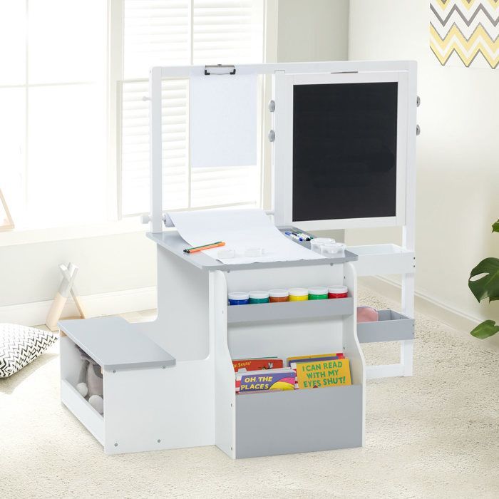 Mesa infantil GOPLUS para mayores de 3 años con silla y pizarra blanca negra ajustable + almacenamiento - Rollos de papel intercambiables, gris y blanco