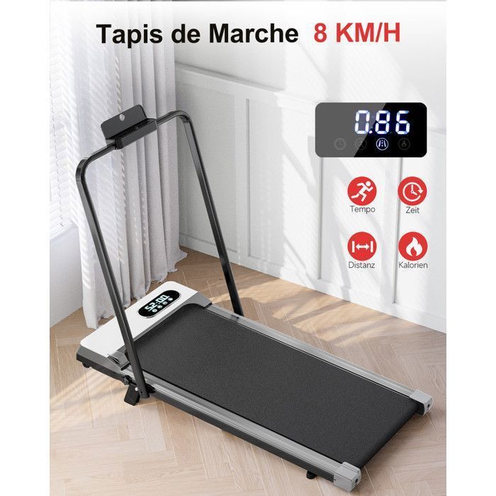 Cinta de correr plegable 4 en 1 con inclinación del 7% | 1-8 km/h | 2,5 CV | con mando a distancia y pantalla LCD | Carga máxima 120 kg | Plateada