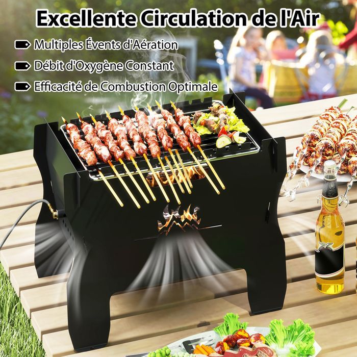 Barbacoa de mesa portátil GYMAX, multicombustible (gas o carbón), parrilla de acero inoxidable, con manguera de gas, plato para