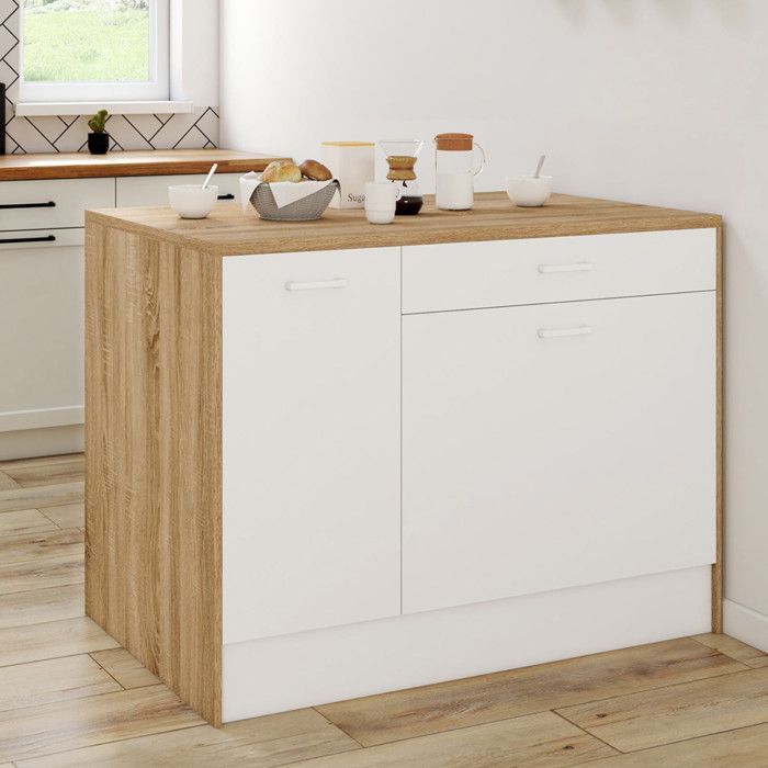 IDMARKET Ilot central LIO maxi capacité de rangement bois et blanc