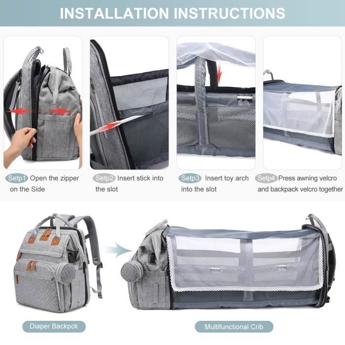 Sac à Dos à Langer avec Matelas à Langer pour Bébé – Grande Capacité Sac à Couches Multifonction Imperméable Sac de Voyage avec
