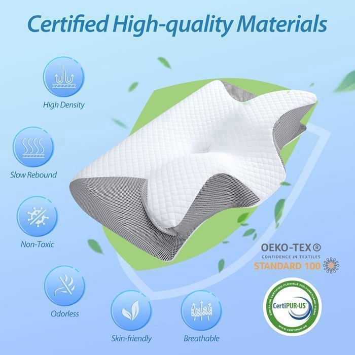 Cuscino ortopedico 2 in 1 in memory foam per collo, per dormire supino e sulla schiena, 60 x 37 x 11/13 cm, grigio