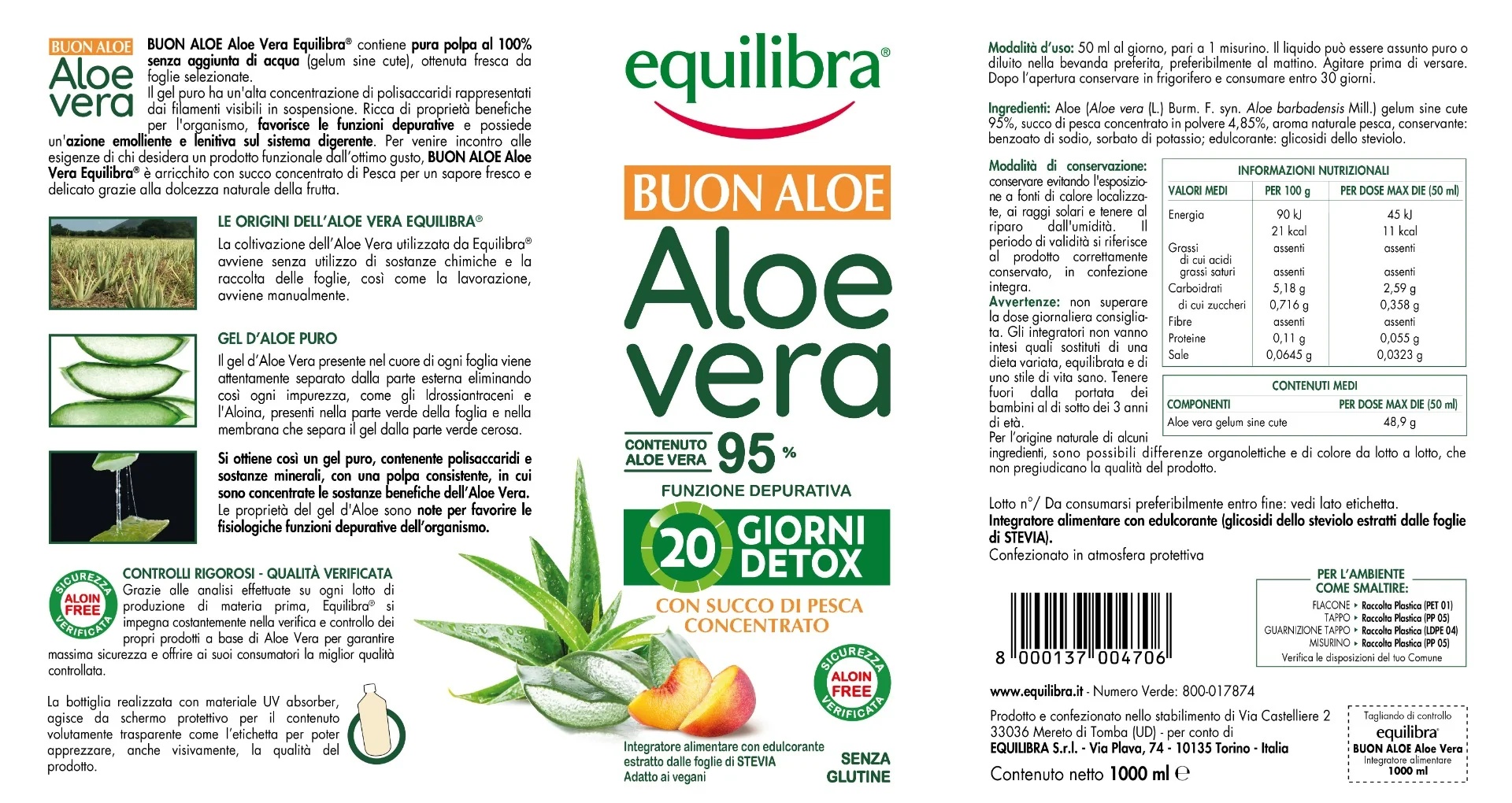 Equilibra Equilibra Goede Aloë Vera 95% met perziksap 1l Reinigende werking