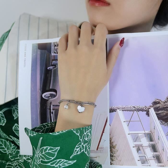 Pulseira feminina com corrente dupla, pingente de coração e conta de aço inoxidável.