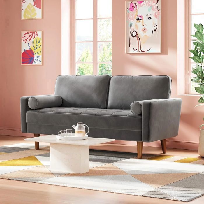 Canapé 2 Places en Velours Gris,Canapé Scandinave avec 2 coussins pour le salon,Fauteuil Moderne capitonné 148 x 78 x 85 cm