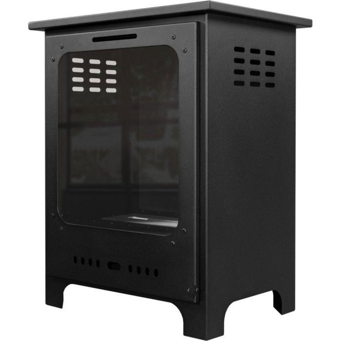 Chimenea de bioetanol independiente de estilo neorretro, con puerta abatible y puerta de cristal.