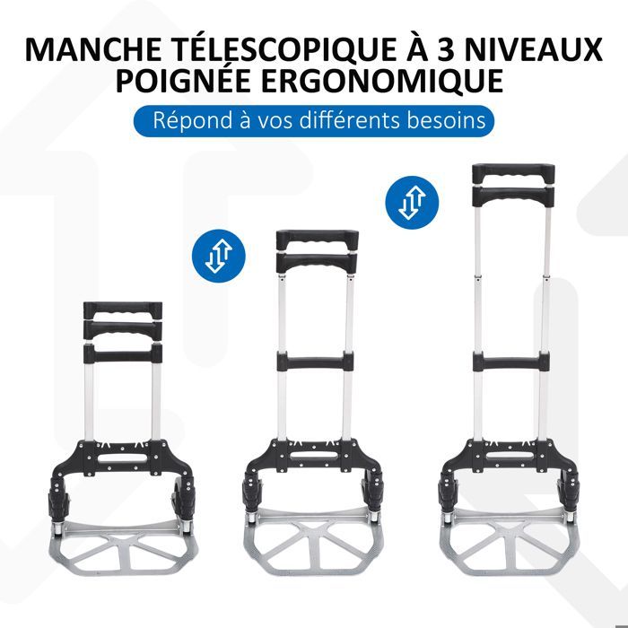 Carretilla de mano HOMCOM - Ligera, plegable y telescópica, con capacidad de carga de 70 kg para transporte y manipulación - Aluminio - Plata y negro