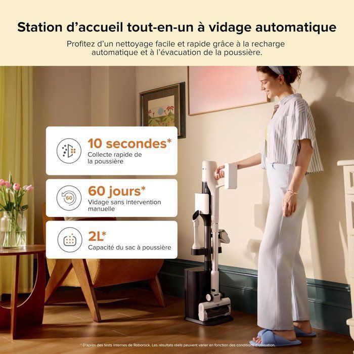 ROBOROCK H60 HUB - Aspirateur Balai sans Fil avec Station de Vidage Automatique - Batterie Amovible 60 Min - 115 AW