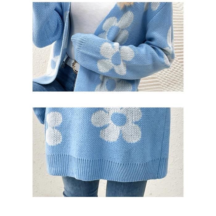 Pull Femme Mi-longues Col en V Imprime Fleurs Manches Longues - Vert clair - INSFITY - Adulte - Casual - Chaud