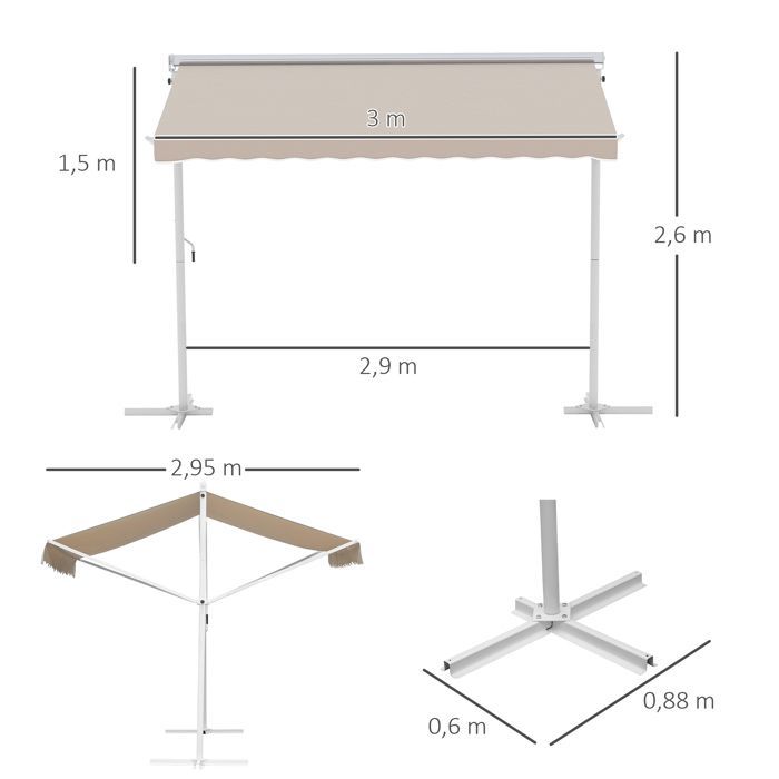 Dubbel hellend zonnescherm 3 x 3 m, handmatig intrekbaar, verstelbaar, kantelbaar, wit, epoxy, staal, waterdicht, polyester, UV-bestendig, beige