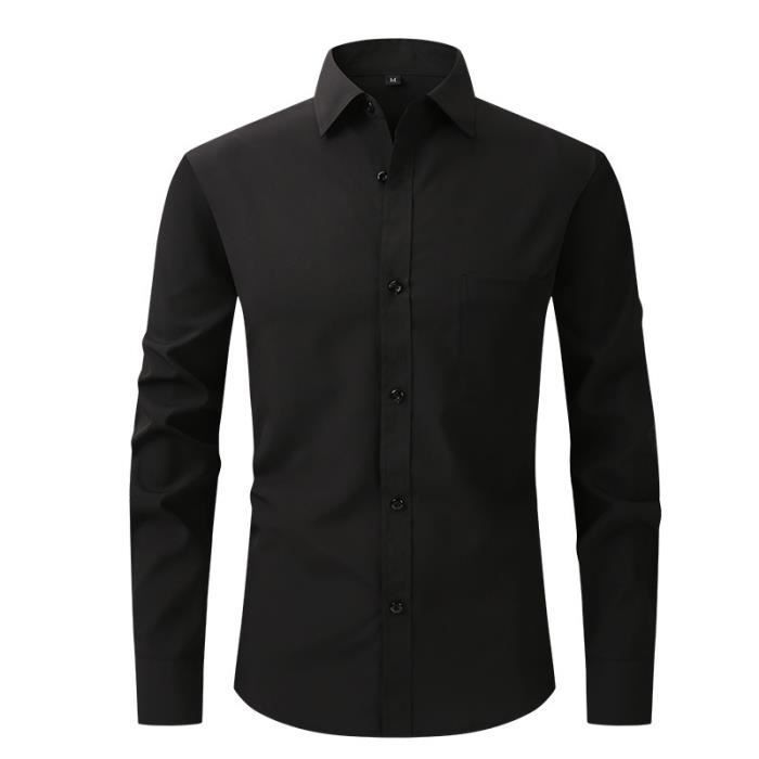 Men's Slim Fit Shirt with Turn-Down Collar, Long Sleeves, Chest Pocket, Solid Color - Black