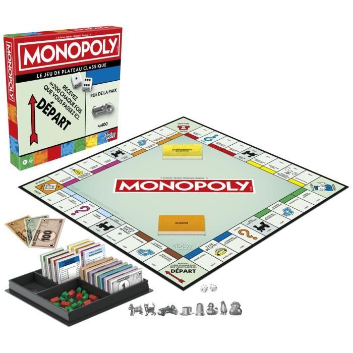 Monopoly classique, jeu de société de plateau, avec boîte de rangement et pions grand format, 2 à 6 joueurs, version FR, dès 8 ans,