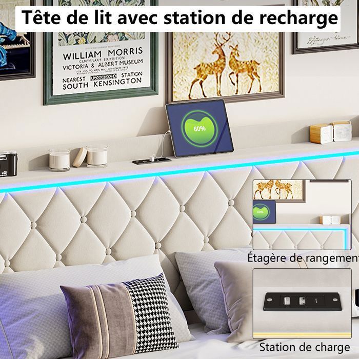 Cama doble de 140 x 200 cm con cabecero y somier de láminas, tapizada con iluminación LED y puertos USB, estructura de cama de 140 x 200 cm, terciopelo, color beige.