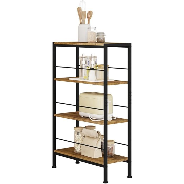 Estantería de almacenamiento WOLTU, estrecha, de 4 niveles, para cocina y sala de estar, de MDF con estructura metálica, color marrón rústico y negro.