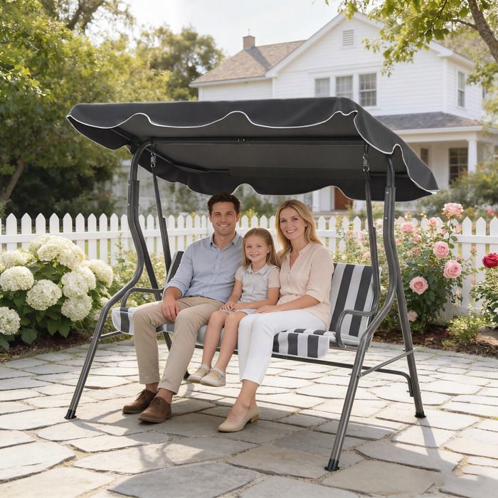 Columpio de jardín Outsunny - 3 plazas - Toldo impermeable - Inclinación ajustable - Cojines para asiento y respaldo - Rayas grises y blancas