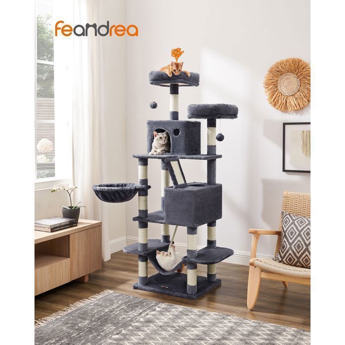 FEANDREA Cat Tree, Large Play Tower, 168cm High, 13 Scratching Posts, 1 Scratching Board, 2 Platforms, 2 Caves, Dark Grey